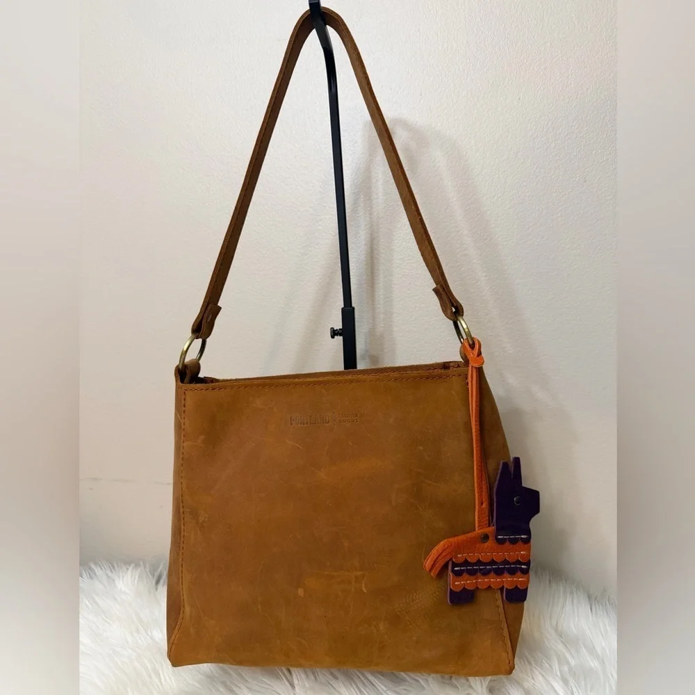 Portland Leather Tan Triangle Shoulder Bag with Charm